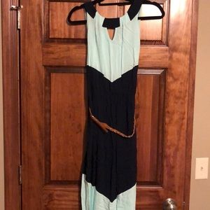 Long navy and pale teal dress with belt